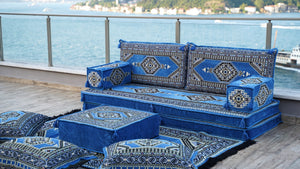 8'' Thickness Sofa Set, Traditional Blue Turkish Floor Sofas, Ethnic Cushions, Window Seat, Terrace Garden Couch, Floor Sofa Seating