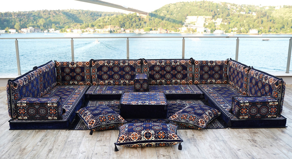 Navy Blue U Shaped Arabic Floor Sofa Set, Floor Cushions, Balcony Patio Sofas, Pallet Sofa, Ethnic Sofa, Moroccan Sofas