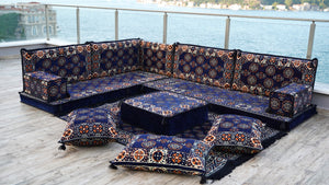 Navy Blue Single Arabic Floor Sofa Set, Handmade Livingroom Floor Couch, Arabic Seating