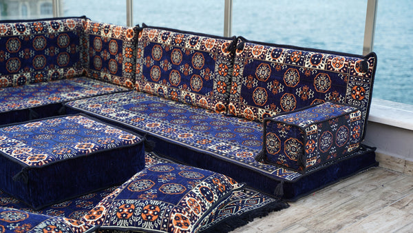 Navy Blue Single Arabic Floor Sofa Set, Handmade Livingroom Floor Couch, Arabic Seating