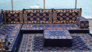 Navy Blue Single Arabic Floor Sofa Set, Handmade Livingroom Floor Couch, Arabic Seating