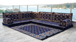 Navy Blue Single Arabic Floor Sofa Set, Handmade Livingroom Floor Couch, Arabic Seating