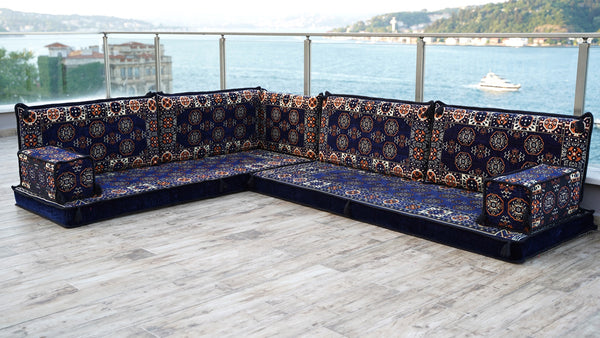 Navy Blue Single Arabic Floor Sofa Set, Handmade Livingroom Floor Couch, Arabic Seating