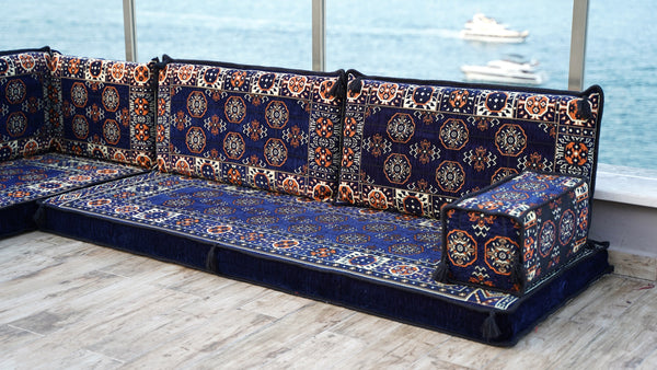 Navy Blue Single Arabic Floor Sofa Set, Handmade Livingroom Floor Couch, Arabic Seating