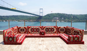 Red Arabic Floor Sofa Cover, Sectional Sofa, U Shaped Pallet Cushion, Ethnic Pillow Set, Indoor Sofa Set, Garden Sofa Set, Reading Pillow Set