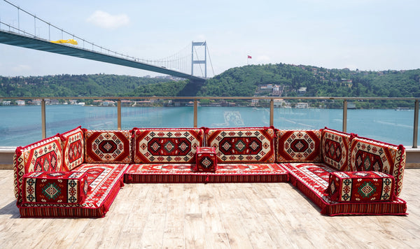Red Arabic Floor Sofa Cover, Sectional Sofa, U Shaped Pallet Cushion, Ethnic Pillow Set, Indoor Sofa Set, Garden Sofa Set, Reading Pillow Set