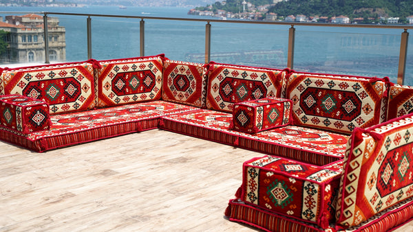 Red Arabic Floor Sofa Cover, Sectional Sofa, U Shaped Pallet Cushion, Ethnic Pillow Set, Indoor Sofa Set, Garden Sofa Set, Reading Pillow Set