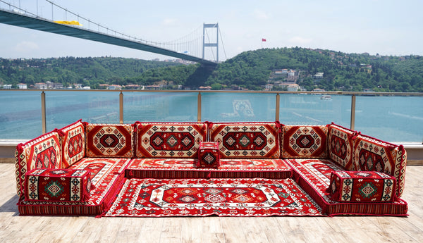 Red Arabic Floor Sofa Cover, Sectional Sofa, U Shaped Pallet Cushion, Ethnic Pillow Set, Indoor Sofa Set, Garden Sofa Set, Reading Pillow Set