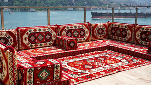 Red Arabic Floor Sofa Cover, Sectional Sofa, U Shaped Pallet Cushion, Ethnic Pillow Set, Indoor Sofa Set, Garden Sofa Set, Reading Pillow Set