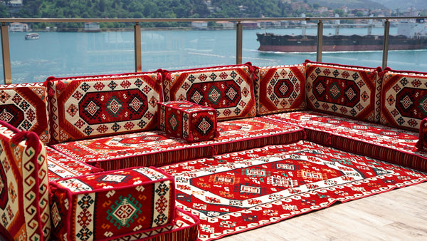 Red Arabic Floor Sofa Cover, Sectional Sofa, U Shaped Pallet Cushion, Ethnic Pillow Set, Indoor Sofa Set, Garden Sofa Set, Reading Pillow Set