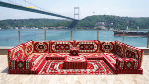 Red Arabic Floor Sofa Cover, Sectional Sofa, U Shaped Pallet Cushion, Ethnic Pillow Set, Indoor Sofa Set, Garden Sofa Set, Reading Pillow Set