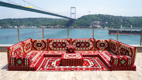 Red Arabic Floor Sofa Cover, Sectional Sofa, U Shaped Pallet Cushion, Ethnic Pillow Set, Indoor Sofa Set, Garden Sofa Set, Reading Pillow Set