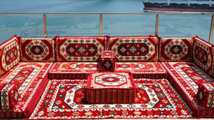 Red Arabic Floor Sofa Cover, Sectional Sofa, U Shaped Pallet Cushion, Ethnic Pillow Set, Indoor Sofa Set, Garden Sofa Set, Reading Pillow Set