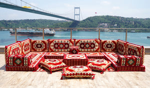 Red Arabic Floor Sofa Cover, Sectional Sofa, U Shaped Pallet Cushion, Ethnic Pillow Set, Indoor Sofa Set, Garden Sofa Set, Reading Pillow Set