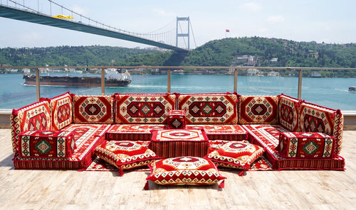 Red Arabic Floor Sofa Cover, Sectional Sofa, U Shaped Pallet Cushion, Ethnic Pillow Set, Indoor Sofa Set, Garden Sofa Set, Reading Pillow Set