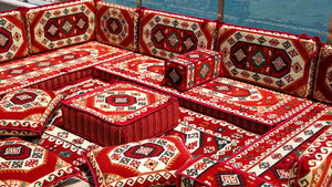 Red Arabic Floor Sofa Cover, Sectional Sofa, U Shaped Pallet Cushion, Ethnic Pillow Set, Indoor Sofa Set, Garden Sofa Set, Reading Pillow Set