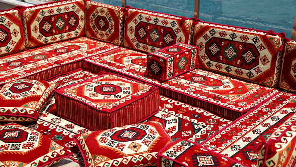 Red Arabic Floor Sofa Cover, Sectional Sofa, U Shaped Pallet Cushion, Ethnic Pillow Set, Indoor Sofa Set, Garden Sofa Set, Reading Pillow Set