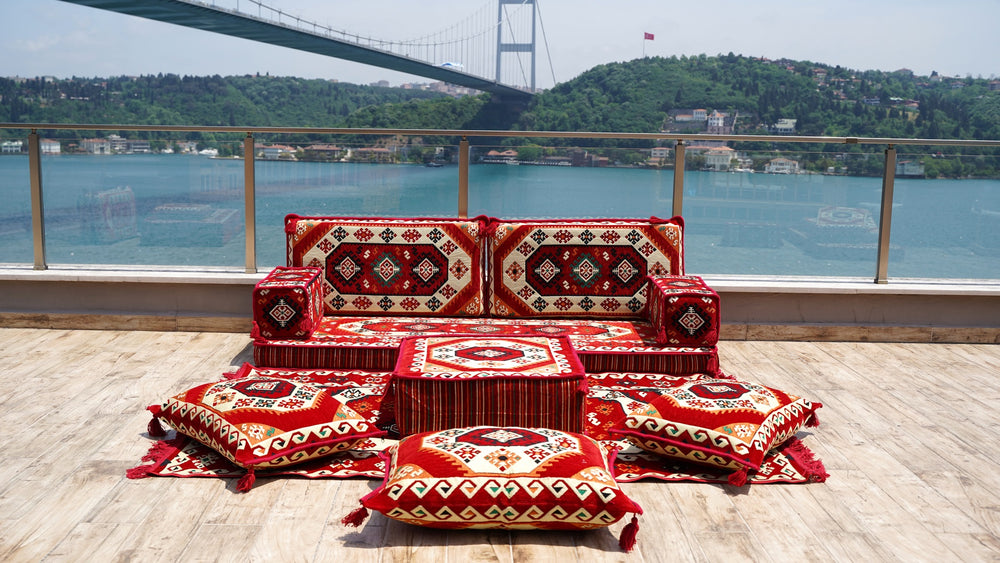 Oriental Sectional Sofas, Arabic Floor Sofa Set, Garden Pallet Sofa, Poufs Turkish Floor Sofa with Ottoman Couch and Rug, Outdoor Sofa