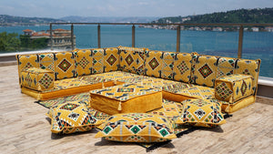 4" Thickness Yellow L Shaped Floor Couch, Sectional Sofa Set, Floor Pillow, Arabic Majlis, Moroccan Livingroom Cushion