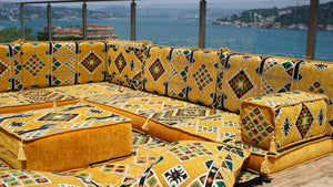 4" Thickness Yellow L Shaped Floor Couch, Sectional Sofa Set, Floor Pillow, Arabic Majlis, Moroccan Livingroom Cushion