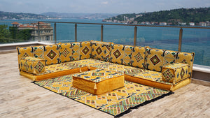 4" Thickness Yellow L Shaped Floor Couch, Sectional Sofa Set, Floor Pillow, Arabic Majlis, Moroccan Livingroom Cushion