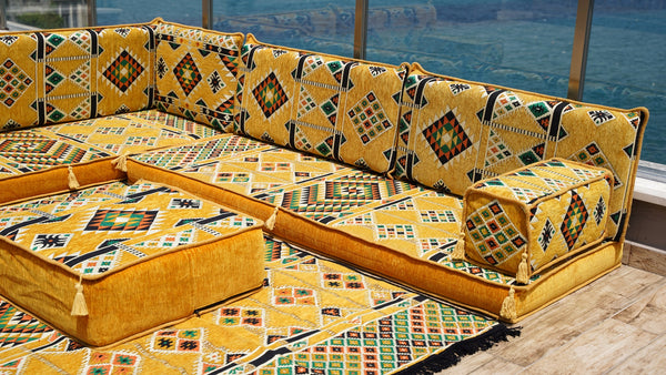 4" Thickness Yellow L Shaped Floor Couch, Sectional Sofa Set, Floor Pillow, Arabic Majlis, Moroccan Livingroom Cushion