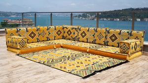 4" Thickness Yellow L Shaped Floor Couch, Sectional Sofa Set, Floor Pillow, Arabic Majlis, Moroccan Livingroom Cushion