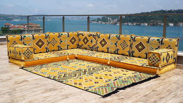 4" Thickness Yellow L Shaped Floor Couch, Sectional Sofa Set, Floor Pillow, Arabic Majlis, Moroccan Livingroom Cushion