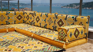 4" Thickness Yellow L Shaped Floor Couch, Sectional Sofa Set, Floor Pillow, Arabic Majlis, Moroccan Livingroom Cushion