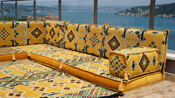 4" Thickness Yellow L Shaped Floor Couch, Sectional Sofa Set, Floor Pillow, Arabic Majlis, Moroccan Livingroom Cushion
