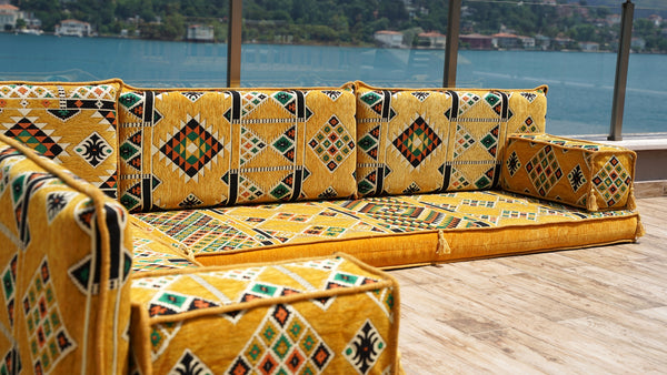 4" Thickness Yellow L Shaped Floor Couch, Sectional Sofa Set, Floor Pillow, Arabic Majlis, Moroccan Livingroom Cushion