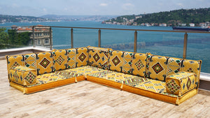 4" Thickness Yellow L Shaped Floor Couch, Sectional Sofa Set, Floor Pillow, Arabic Majlis, Moroccan Livingroom Cushion