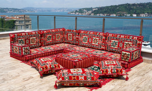 L Shaped Red Arabic Sofa Set, Floor Cushions, Arabic Seating Floor Sofa, Backrest Pillows