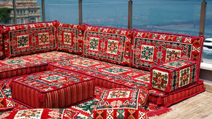 L Shaped Red Arabic Sofa Set, Floor Cushions, Arabic Seating Floor Sofa, Backrest Pillows