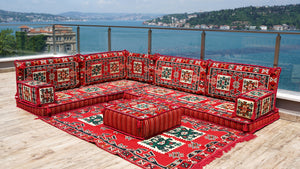 L Shaped Red Arabic Sofa Set, Floor Cushions, Arabic Seating Floor Sofa, Backrest Pillows