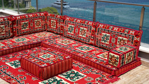 L Shaped Red Arabic Sofa Set, Floor Cushions, Arabic Seating Floor Sofa, Backrest Pillows