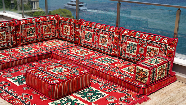 L Shaped Red Arabic Sofa Set, Floor Cushions, Arabic Seating Floor Sofa, Backrest Pillows