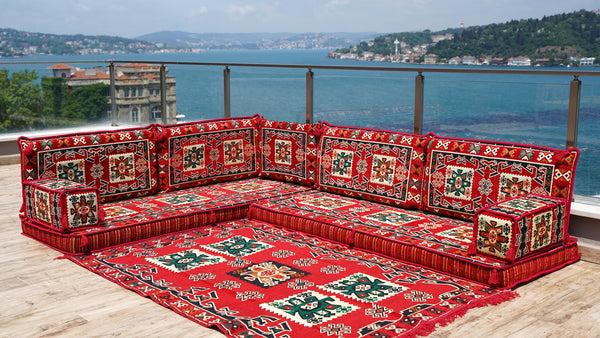 L Shaped Red Arabic Sofa Set, Floor Cushions, Arabic Seating Floor Sofa, Backrest Pillows
