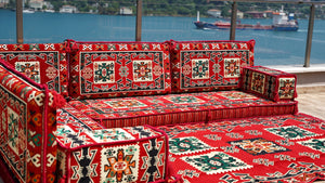 L Shaped Red Arabic Sofa Set, Floor Cushions, Arabic Seating Floor Sofa, Backrest Pillows