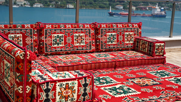 L Shaped Red Arabic Sofa Set, Floor Cushions, Arabic Seating Floor Sofa, Backrest Pillows