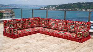 L Shaped Red Arabic Sofa Set, Floor Cushions, Arabic Seating Floor Sofa, Backrest Pillows