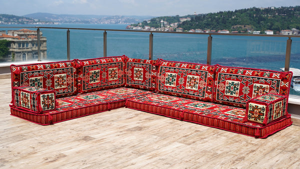 L Shaped Red Arabic Sofa Set, Floor Cushions, Arabic Seating Floor Sofa, Backrest Pillows