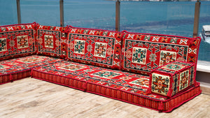 L Shaped Red Arabic Sofa Set, Floor Cushions, Arabic Seating Floor Sofa, Backrest Pillows