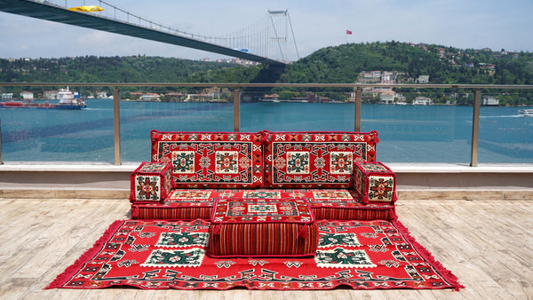 أريكة أرضية عربية، طقم أريكة أرضية تقليدية، أريكة مقسمة مع أريكة عثمانية وسجادة، طقم أريكة أرضية عربية، سجادة يوغا وتأمل