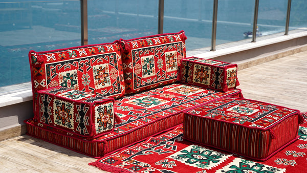 أريكة أرضية عربية، طقم أريكة أرضية تقليدية، أريكة مقسمة مع أريكة عثمانية وسجادة، طقم أريكة أرضية عربية، سجادة يوغا وتأمل