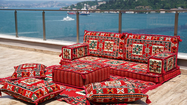 أريكة أرضية عربية، طقم أريكة أرضية تقليدية، أريكة مقسمة مع أريكة عثمانية وسجادة، طقم أريكة أرضية عربية، سجادة يوغا وتأمل