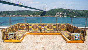 Yellow U Shaped Futon Sofa Bed, Corner Floor Couch, Sectional Sofas, Yoga Sofa Sets, Handmade Living Room Furniture