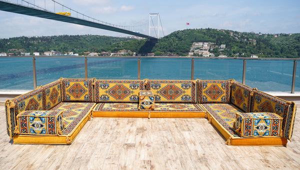 Yellow U Shaped Futon Sofa Bed, Corner Floor Couch, Sectional Sofas, Yoga Sofa Sets, Handmade Living Room Furniture