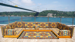 Yellow U Shaped Futon Sofa Bed, Corner Floor Couch, Sectional Sofas, Yoga Sofa Sets, Handmade Living Room Furniture