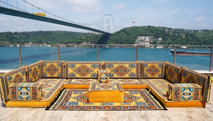 Yellow U Shaped Futon Sofa Bed, Corner Floor Couch, Sectional Sofas, Yoga Sofa Sets, Handmade Living Room Furniture